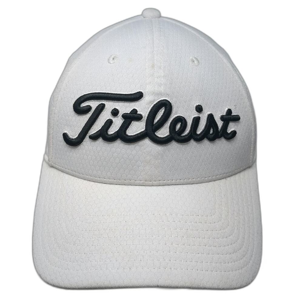 Titleist Baseball Cap White M Pro V1 FJ Logos Stretch Fit Curved Brim Golf Hat